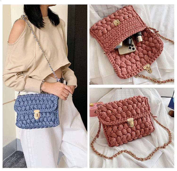 Handmade Woven Womens Crossbody Bags Thread Hook Knitted Shoulder Bag Colorful Strip Chains for Women Small Purses 241225