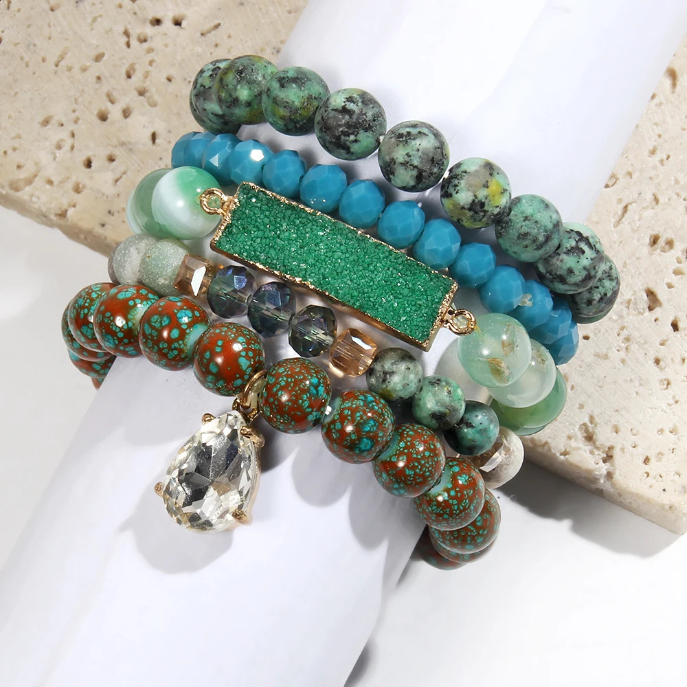 Summer Fashion Bohemian Womens Jewelry 5pcs Natural Stone Glass Handmade Beaded Elastic Bracelet Druzy Stack Bracelet Set 241227