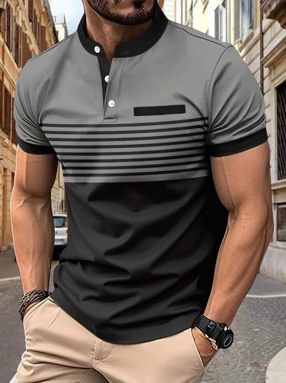 Mens spring and summer new casual short-sleeved shirt3 button horizontal stripe printed stand collar sports shirt shirt top X241228
