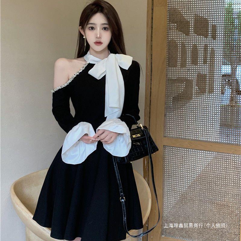H122 Off-shoulder Elegant Dress High-end Rhinestone Hepburn Style Little Black Dress Autumn Bowknot