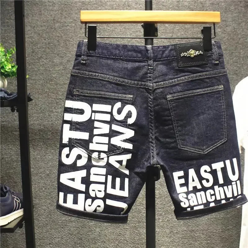 Summer 2023 Korean Letter Printed Fashion Slim Jeans Classic Cowboy Men Casual Blue Boyfriend Street Shorts 241227