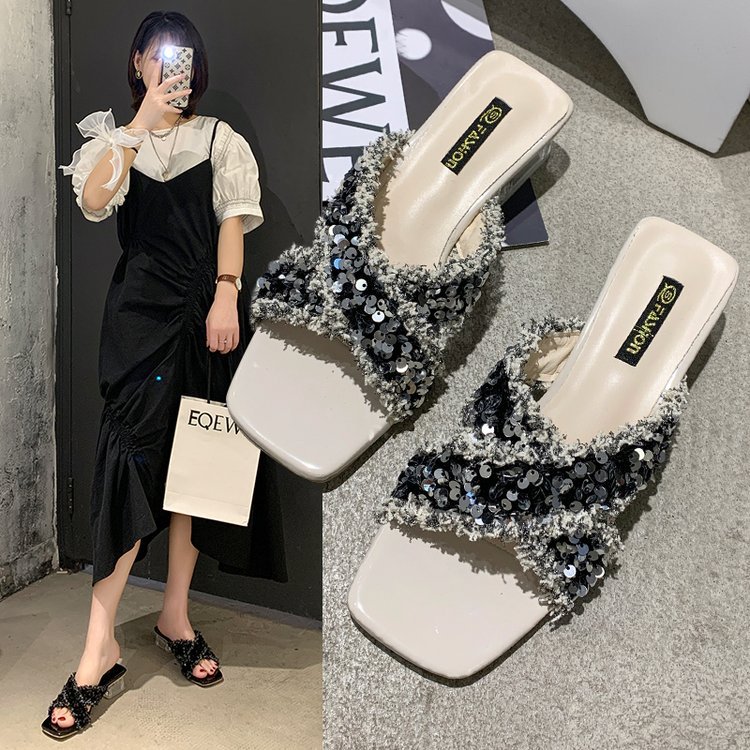 Women Slippers High Heel Sandals Fairy Style Trendy Fashion Versatile Ladies Shoes Triple Black Silver Plus Size 35-43 Free shipping