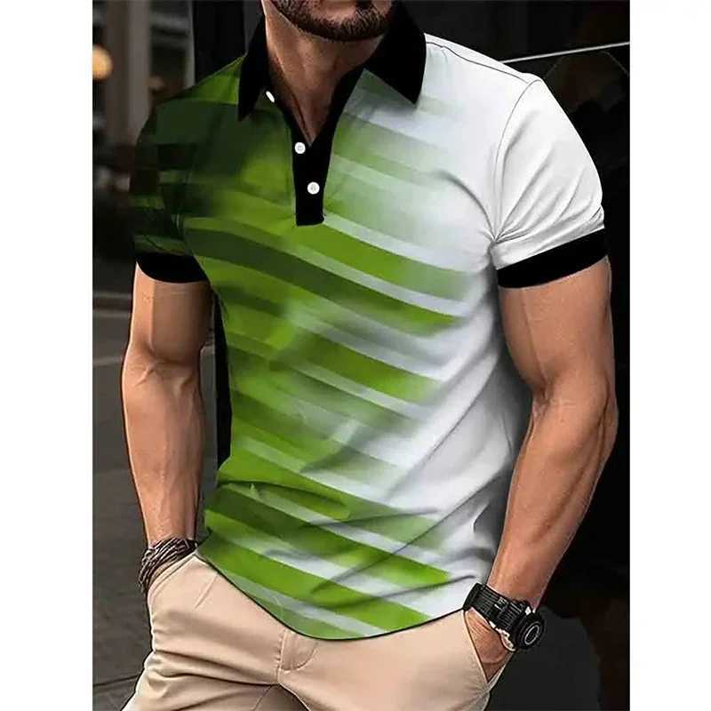 3D printed striped mens shirt shirt with colorful block graphics T-shirt summer casual oversized street collar top short sleeved T-shirt X241228