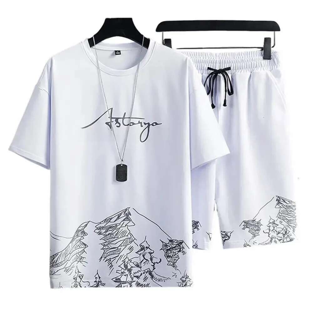 2-Piece Men's Short Set: Drawstring, Pockets, Casual, Mountain Print, Loose T-Shirt, Shorts, Sportsuit, Streetwear