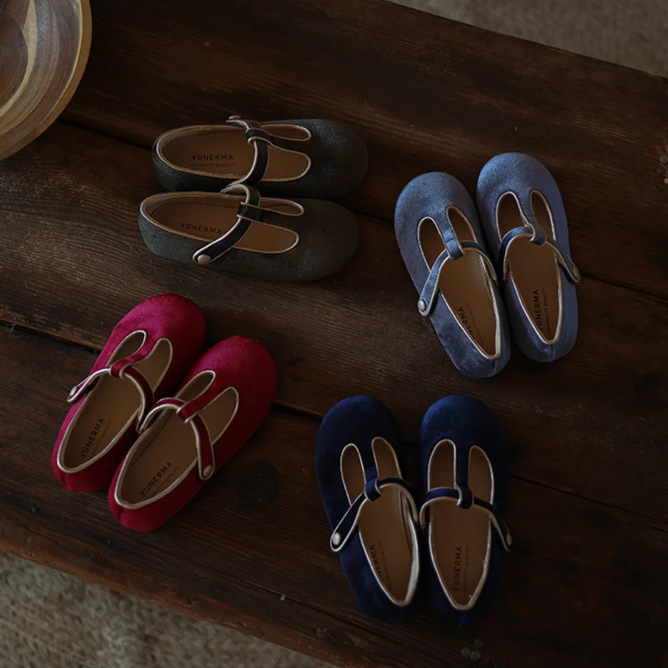 Unishuni T-Strap Mary Jane Shoes for Girl Kids Vintage Velvet Party Dress Flats Red Green Children Christmas Shoes for Baby Girl 241227