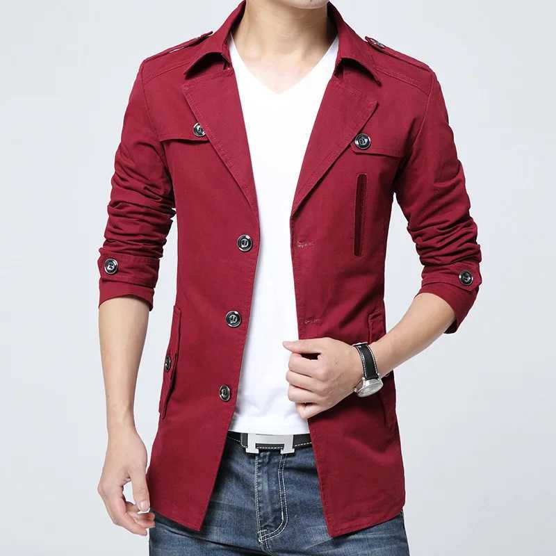 Autumn Pure Cotton Trench Coat Men New Wash Windbreaker Overcoat Slim Long Coat Turn Down Collar Casual Jacket Blue Zoeva W241228