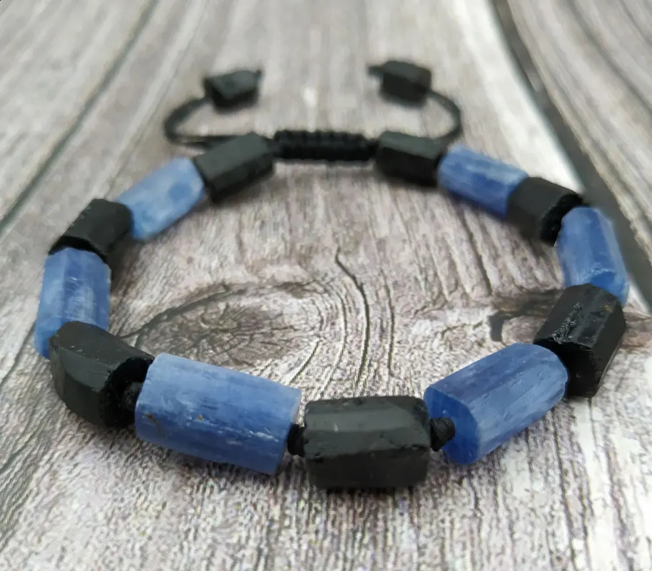 YA3933 Natural Kyanite Black Tourmaline Stone Beads Cord Knotted Adjustable Bracelet 241227