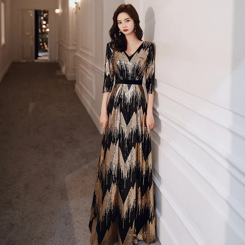 Customized Long Evening Dress Elegant Robe De Soiree Zipper Women Party Dresses Plus Size V Neck Sequin Formal Gowns 241223