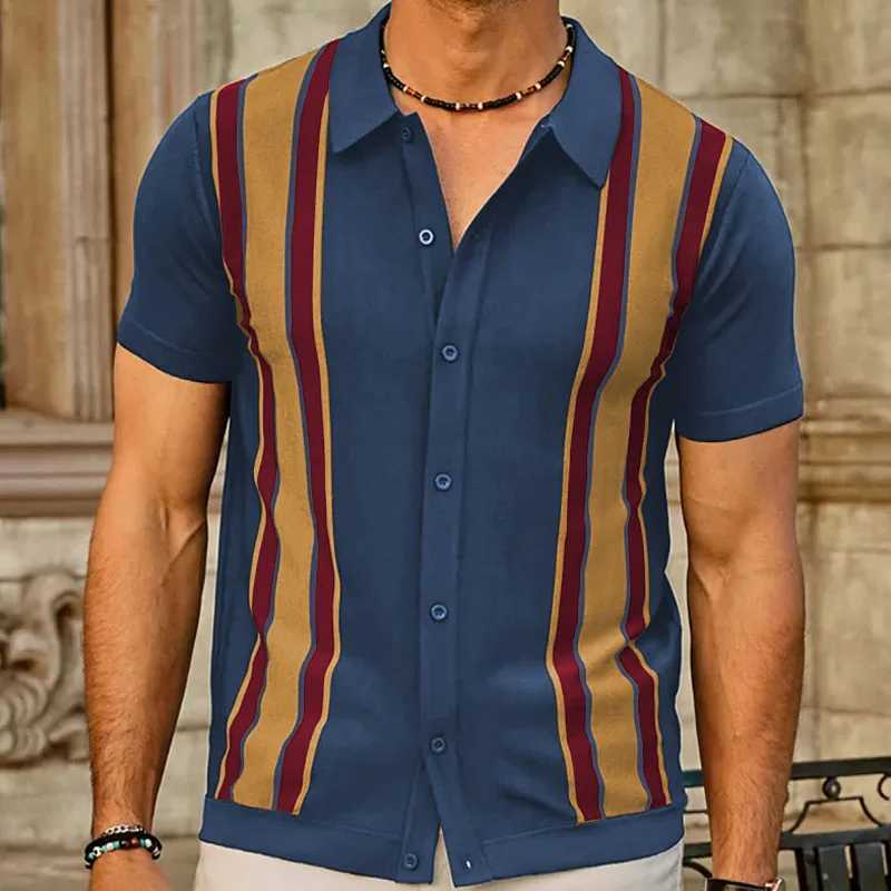 Mens Luxury Knitted shirt Shirt Short Sleeve Button Down Stripe Contrast Color Summer Tops Business T Shirt for Men MY1063 X241228