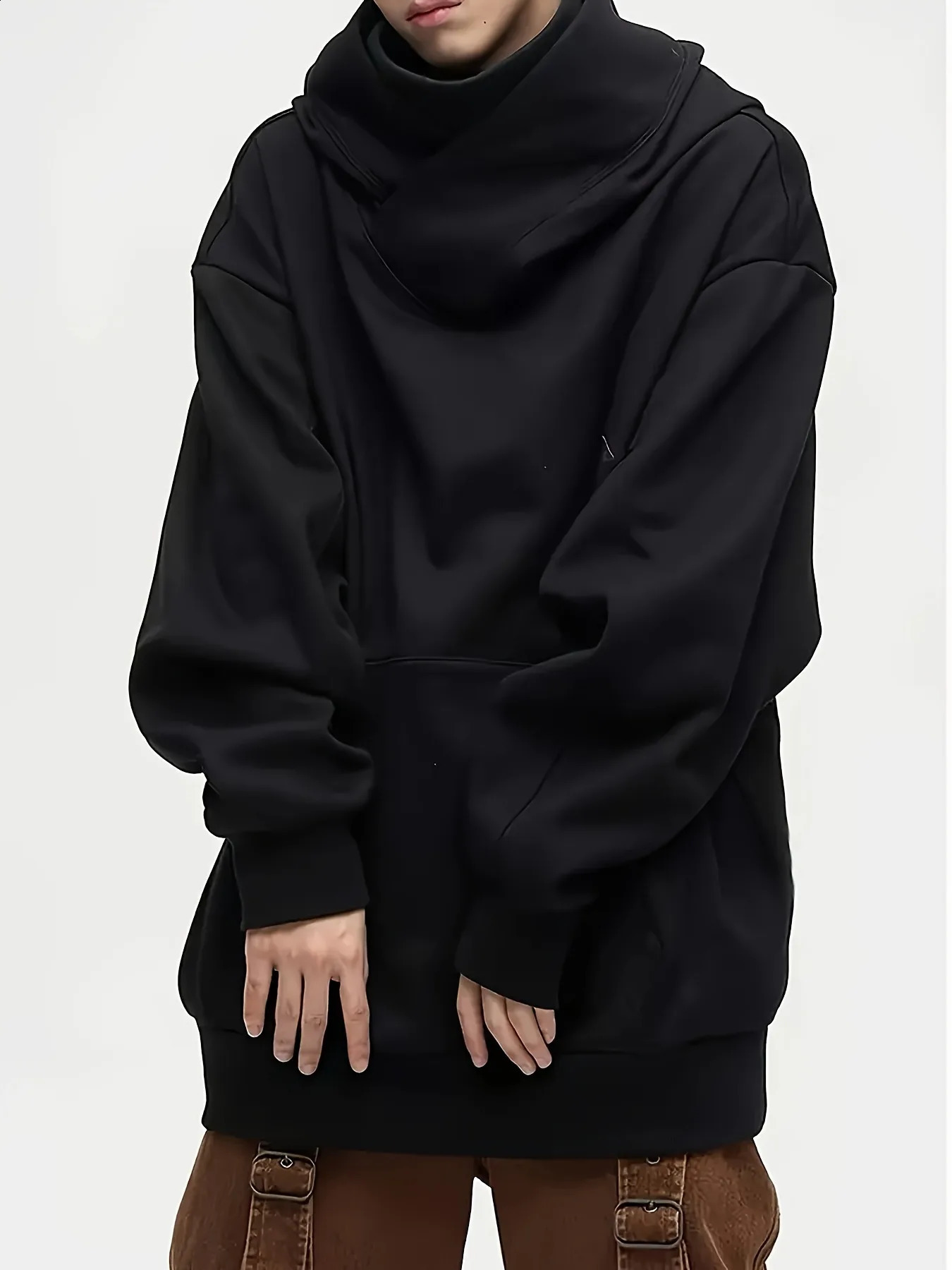 Mens solid color hooded turtleneck long-sleeved sweater unique with kangaroo pocket spring and fall fashion mens hoodie 241227