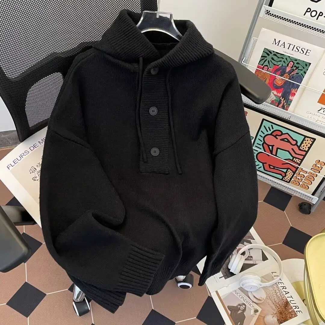 American autumn and winter men and women trendy personalized hooded sweater for couples loose retro knitted casual Harajuku top X241228