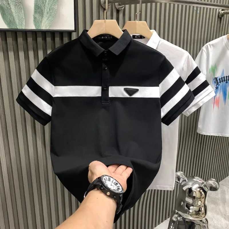 Summer mens striped color fashionable mens short sleeved shirt T-shirt mens printed shirt T-shirt mens casual collar T-shirt X241228