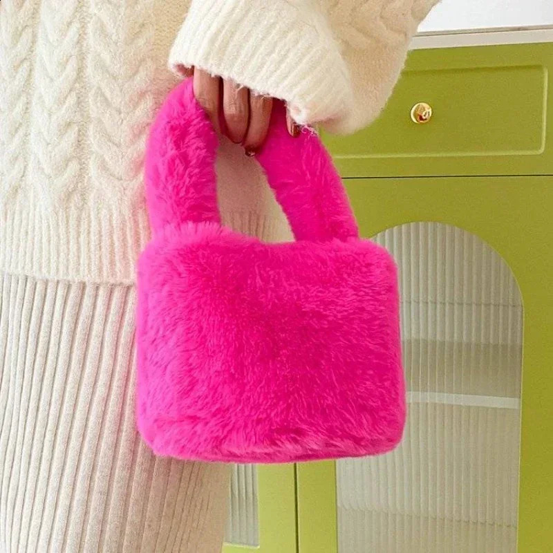 Sweet Candy Solid Color Fur Womens Handbag Simple Soft Plush Ladies Tote Bags Fashion Novel Winter Female Change Purse Bag 241227