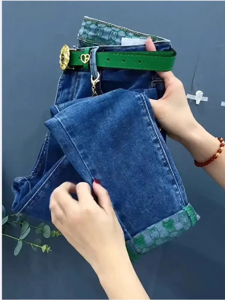 Blue Plus Size Jeans Spring Autumn Fashion Casual High Waist Stretch Straight Trouser SlimFit Elegant Edge Curl Harem Pants 241228