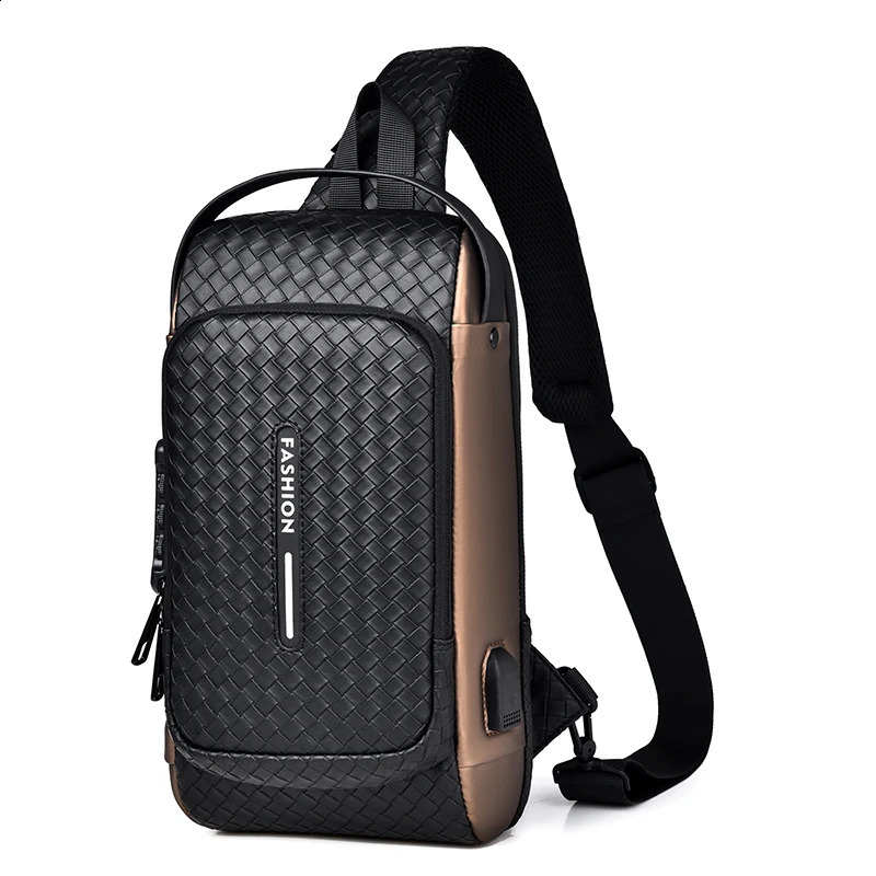 Men Fashion Chest Bag Anti-theft Tape Bag Portable Backpack with USB Charging Port Male PU Shoulder Outdoor Sports Crossbody Bag 241228