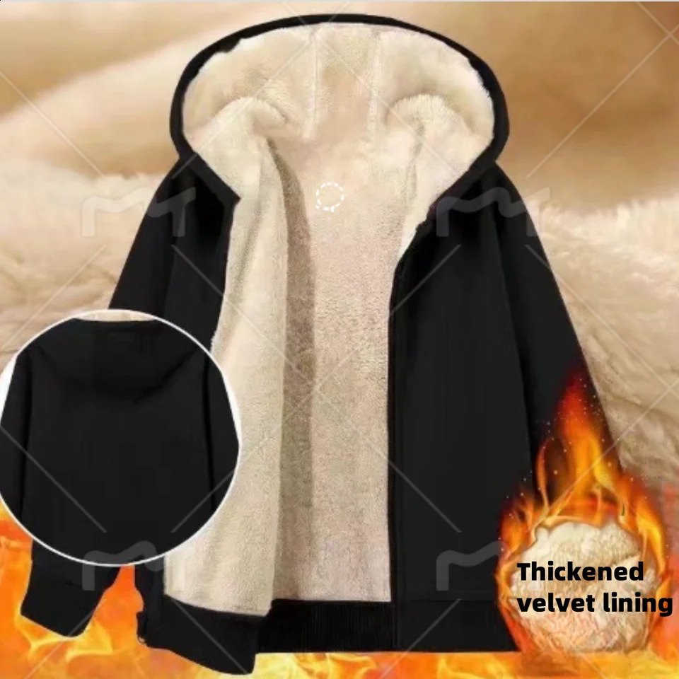 Men Winter Coat Thick Soft Plush Hooded Zip Up Cardigan Sweatshirts Solid Color Drawstring Pockets Casual Jacket Clothes 241223