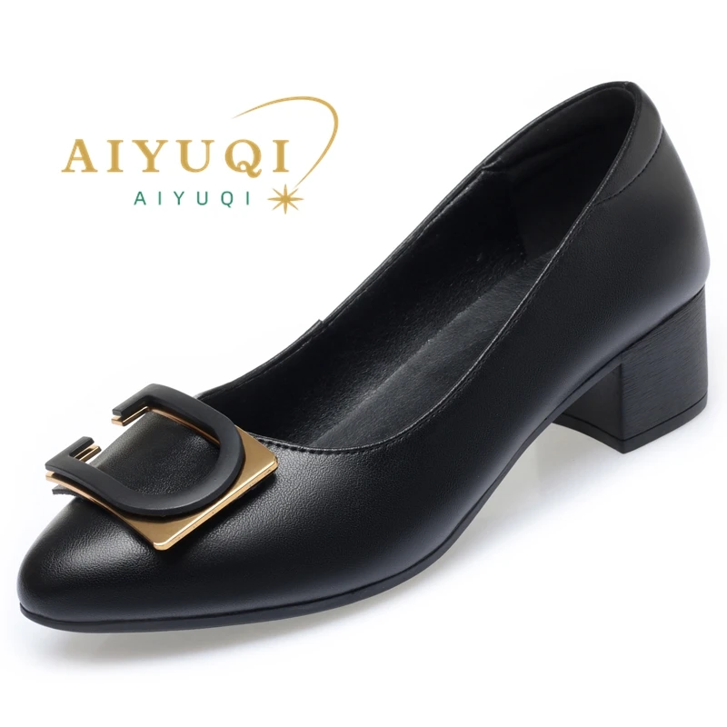 AIYUQI Dress Shoes Women Mid-heel Non-slip Genuine Leather Ladies Shoes Large Size Daily Spring Shoes Women