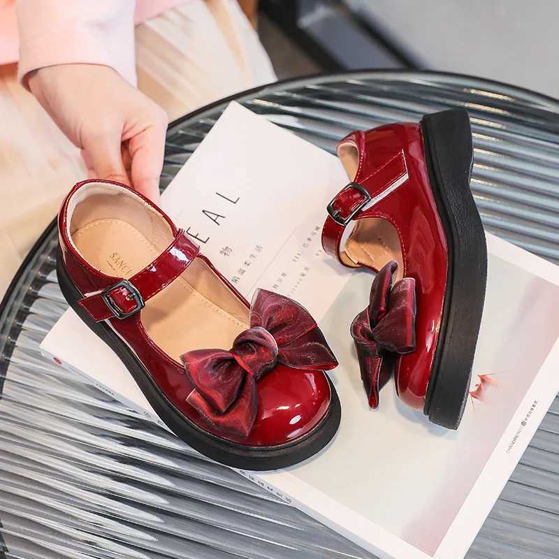 Girls leather shoes 2023 spring/summer new item childrens black soft soled princess bow British sled casual shoes W241228