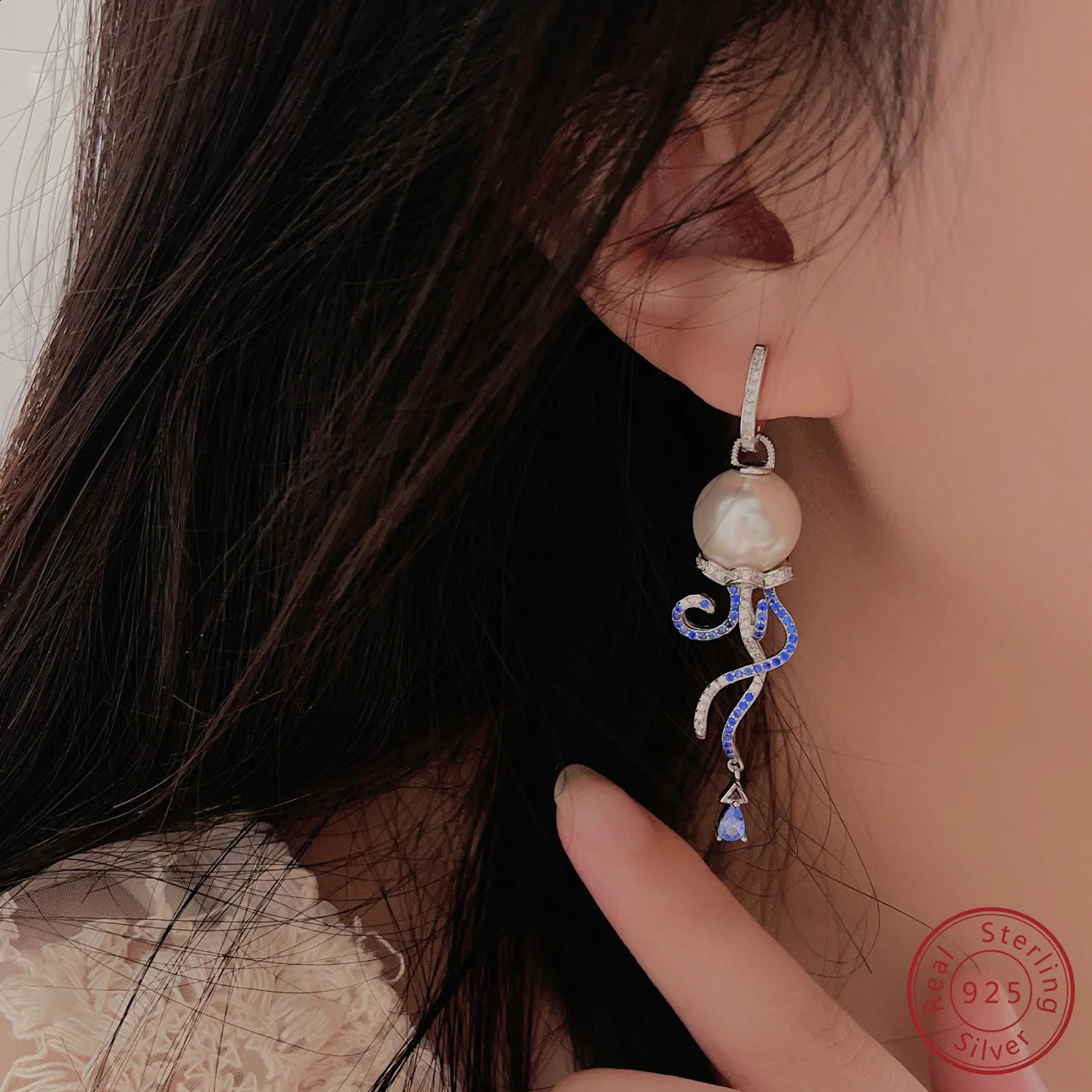 S925 Sterling Silver Simple Pearl White Blue Zircon Earrings with Circles High Quality Temperament Versatile Octopus Ornaments 241226