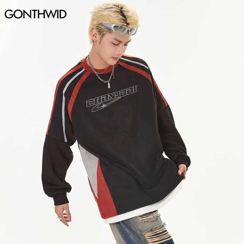 Harajuku Suede Sports Shirt Hip Hop Retro Embroidery Patchwork Long Sleeve Shirts 2023 Fashion American Style Loose Shirt Tops X241228