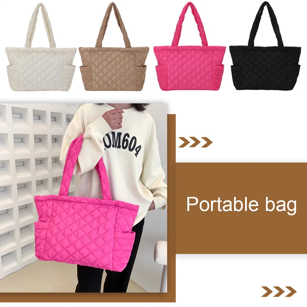Lattice Pattern Shoulder Bag Space Cotton Handbag Women Large Capacity Tote Bags Feather Padded Ladies Quilted Shopper Bag 241227