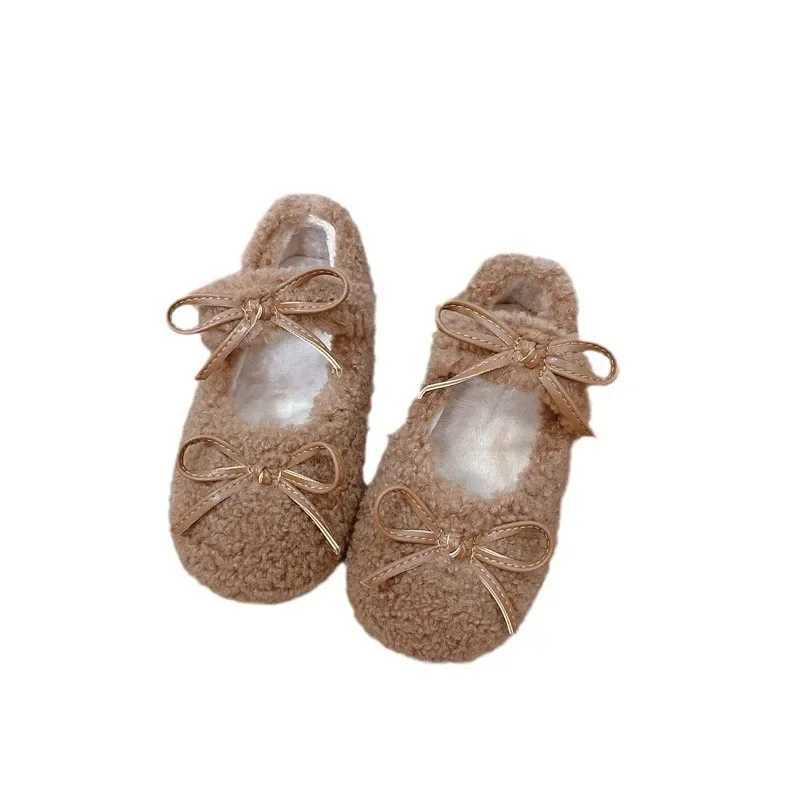 2024 Winter New Childrens Apartment Fashion Double Bow Knot Fur Cover Shoe Head Warm Childrens Casual Shoes Plush Warm Anti slip Mary Jane Shoes W2412