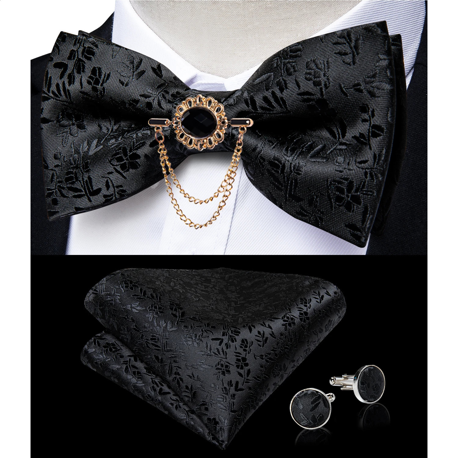 Black Floral Silk Wedding Mens Cummerbunds Bow Tie Brooch Set Tuxedo Formal Wide Belt Ceremonial Belt Elastic Waistband DiBanGu 241227