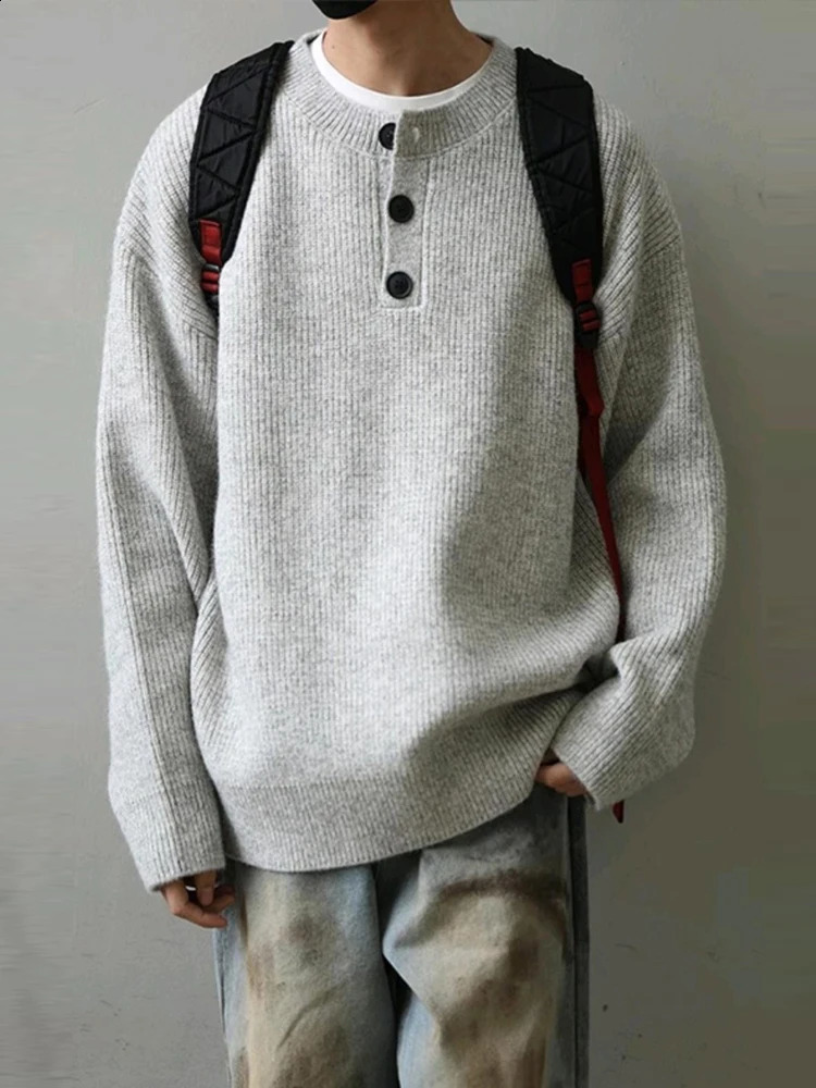 2025 Spring Casual Solid Color Sweaters Mens Knitted Pullover Tops Autumn Men Clothes Knitting Long Sleeve Knit Henley Shirts 241224
