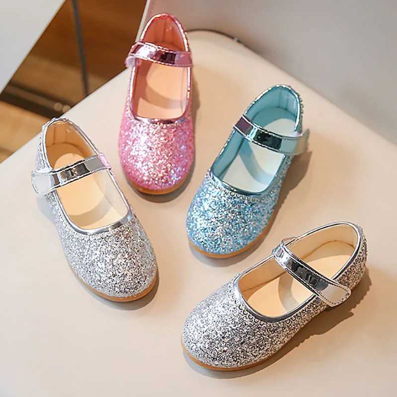 Girls leather shoes shiny Mary Jane shoes sequined cloth princess shoes silver wedding shoes childrens ballet apartment dance 271A W241228