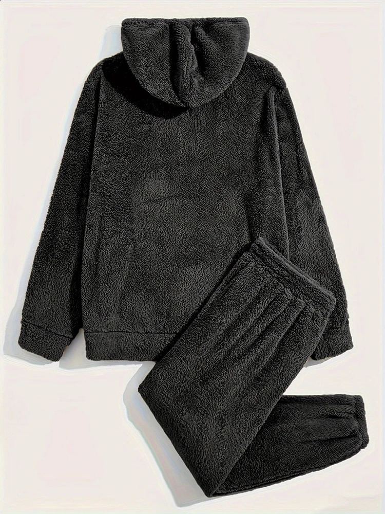 Autumn and winter warm outdoor wool two-piece set mens spring fashion solid color wool fur hooded sweatshirt and pants set mens set 241227