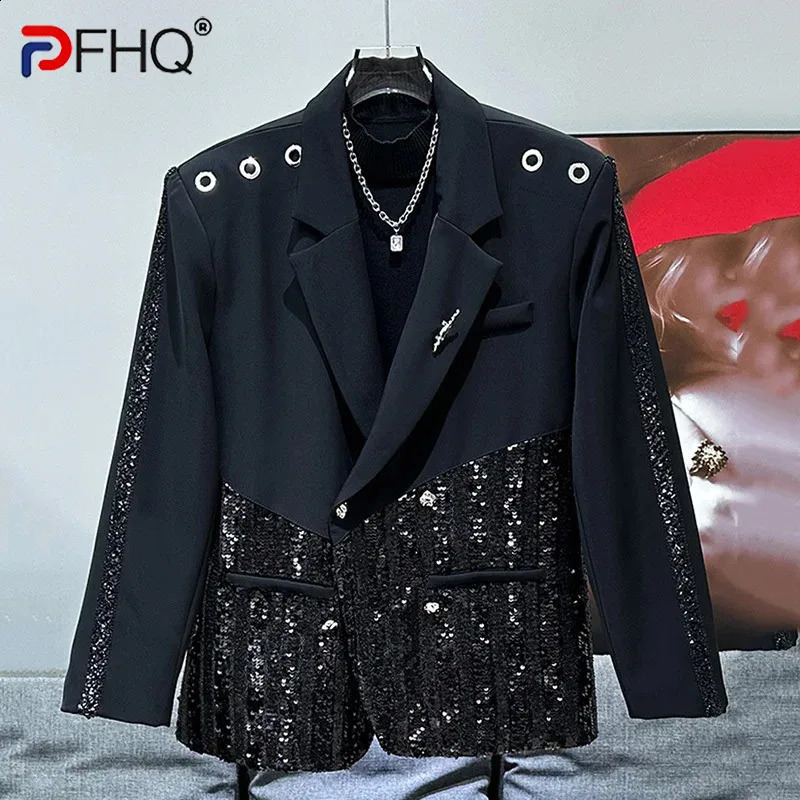 PFHQ Fashion Metal Ring Decorative Glitter Splicing Set Jacket Korean Splicing Long Sleeve Mens Top 21Z6071 241227