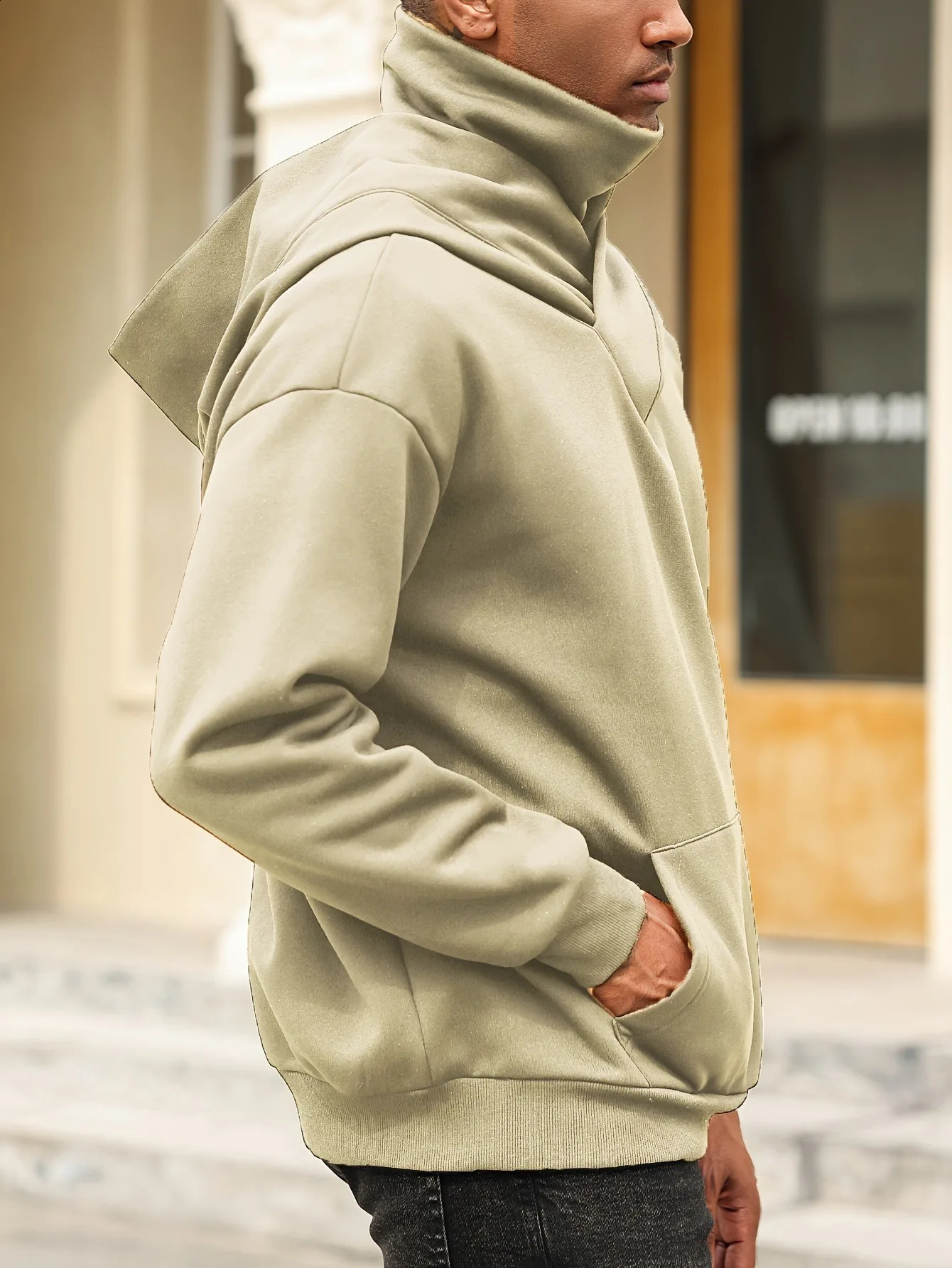 Mens solid color hooded turtleneck long-sleeved sweater unique with kangaroo pocket spring and fall fashion mens hoodie 241227