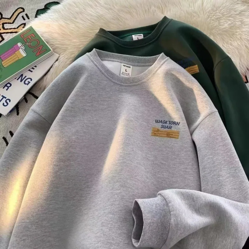 American style cool retro heavyweight round neck hoodie mens autumn and winter plus plush loose trendy cool top 241220