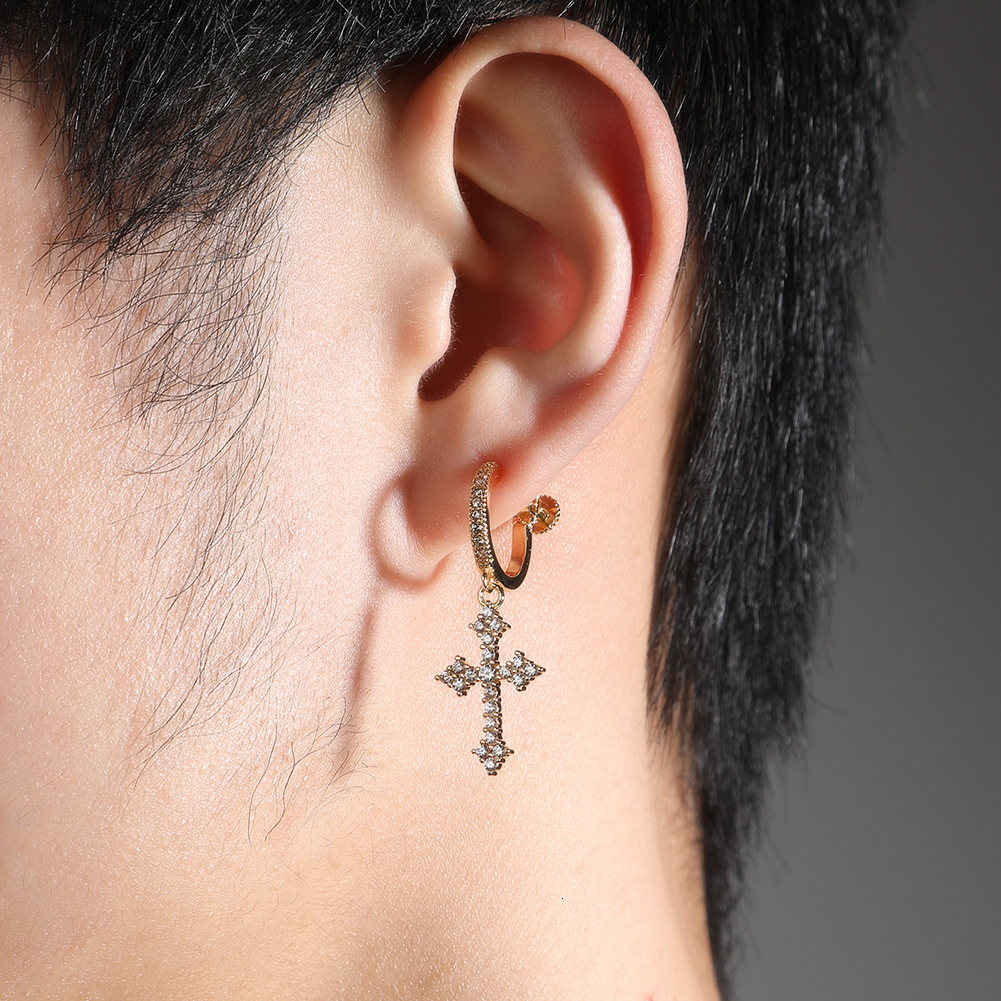 Hip Hop Spiral Buckle Cross Earrings For Men Versatile Street Punk Rock Rapper Ear Ring 14k Gold Prong Cubic Zirconia Nightclub Piercing Earrings Jewe
