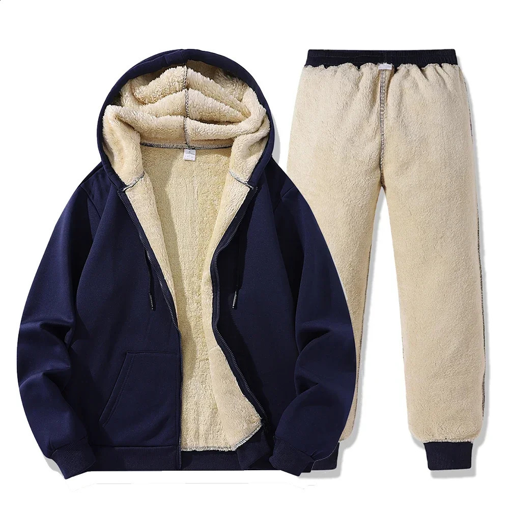 Winter Warm Zipper Jackets Suit Mens Casual Sports Hooded Sweatshirt and Pants Set Fashion Thermal Thicken Tracksuit Harajuku 241224