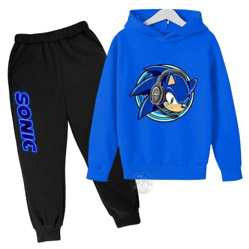 Childrens Anime Cartoon Sonic -Letter Printed Autumn/Winter Warm Two Piece Hoodie+Pants Sports Set for Boys and Girls Aged 3-13 X241228