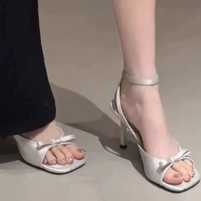 Ladies Shoes Summer Womens Sandals Plus Size Buckle Strap Thin Heel Sandals Sexy Square Bow Tie Party Dress Shoes 241228
