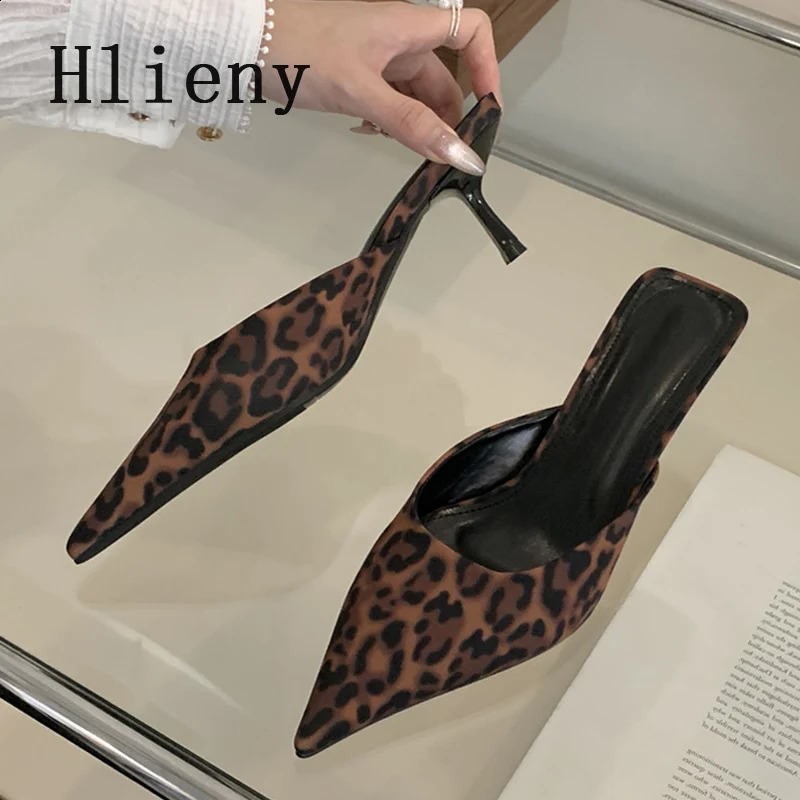 Hlieny 2025 Spring shallow Leopard Print Women Slipper Pointed Toe Thin Low Heel Sandal Ladies Mules Shoes Zapatos Mujer 241228