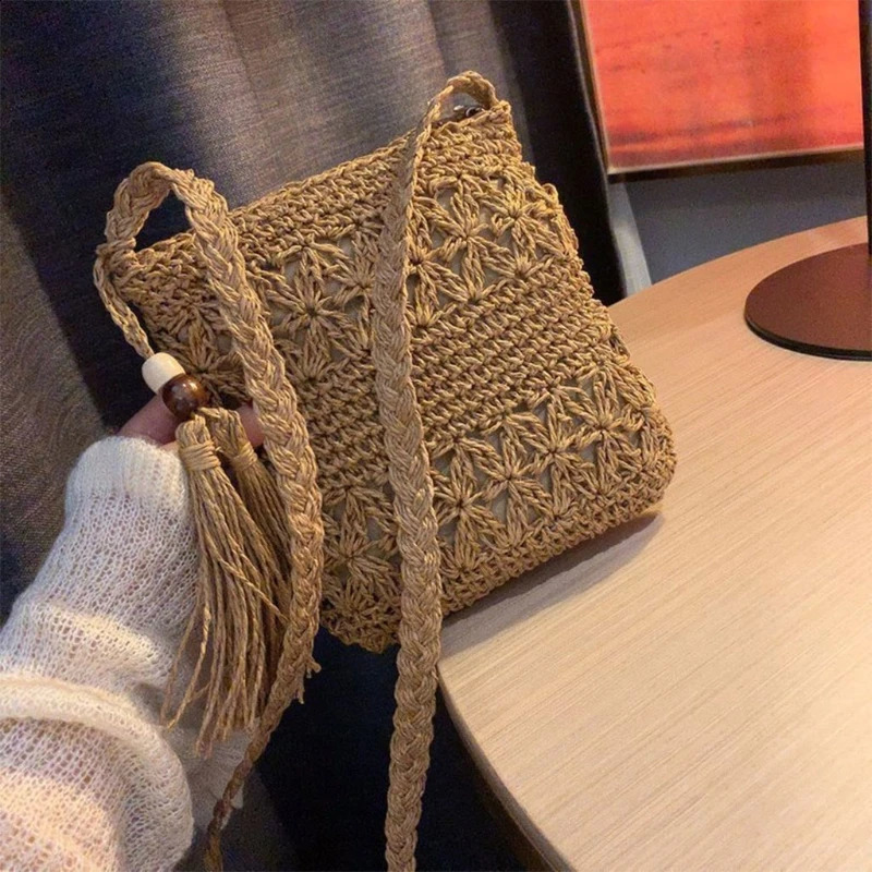 Beach Woven Straw Shoulder Bag with Tassel Boho Hollow Crochet Crossbody Handbag 241225