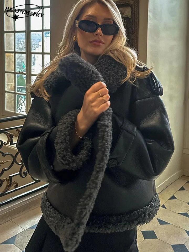 Casual Winter Warm Sherpa Jackets Fashion Spliced Sheepskin Long Sleeve Lace Up Cropped Outerwears Lady Street Clothing 241227