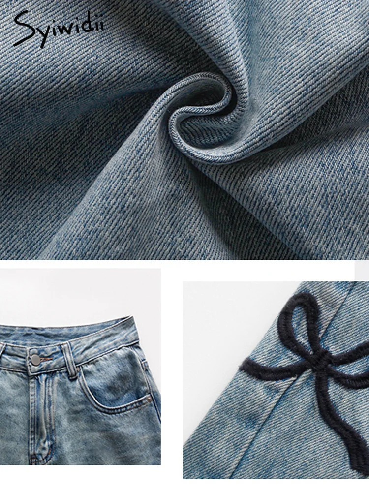 Syiwidii Bow Embroidery Baggy Blue Jeans for Women Korean Fashion High Waisted Y2k Wide Leg Streetwear Slouchy 241228