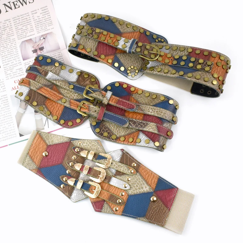 Deepeel 70cm Fashion Retro Rivet Cummerbund Pin Buckle Wide Belt Women Decorative Corset Dress Shirt Female Elastic Waistband 241227