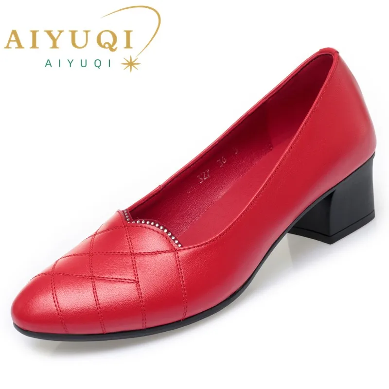 AIYUQI Women Office Shoes Genuine Leather Shallow Mouth Women Spring Shoes Mid-heel Middle-aged Mother Shoes Women