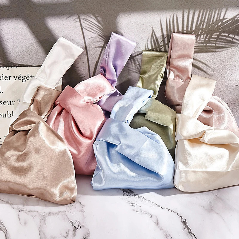 Japanese Silk Coin Wallet Purse Tote Handbag Wrist Bag Knot Bag Folding Bags Womens Tote Solid Color Storage Bag 241227