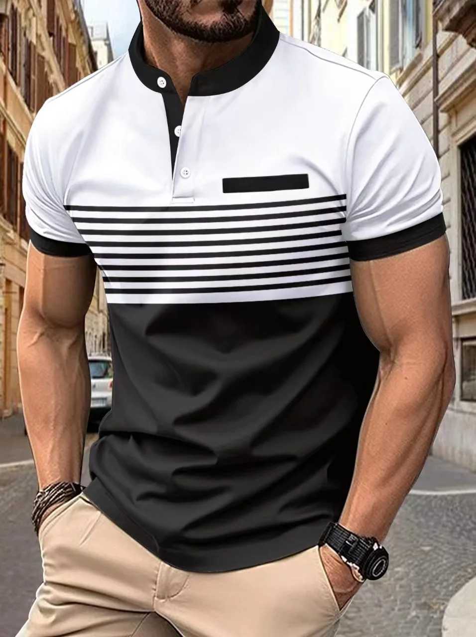 Mens spring and summer new casual short-sleeved shirt3 button horizontal stripe printed stand collar sports shirt shirt top X241228