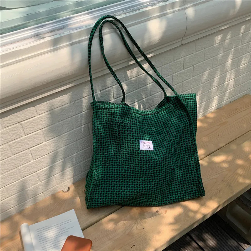 Women Woolen Canvas Bags Houndstooth Pattern Reversible n Female Big Tote Handbag Casual Shoulder Shopping Bag For Ladies 241227