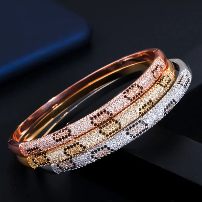 CWWZircon Micro Pave Cubic Zirconia Rose Gold and Silver Color Love Snake Leopard Open Cuff Bangle Bracelet for Women Gift BG032 241227