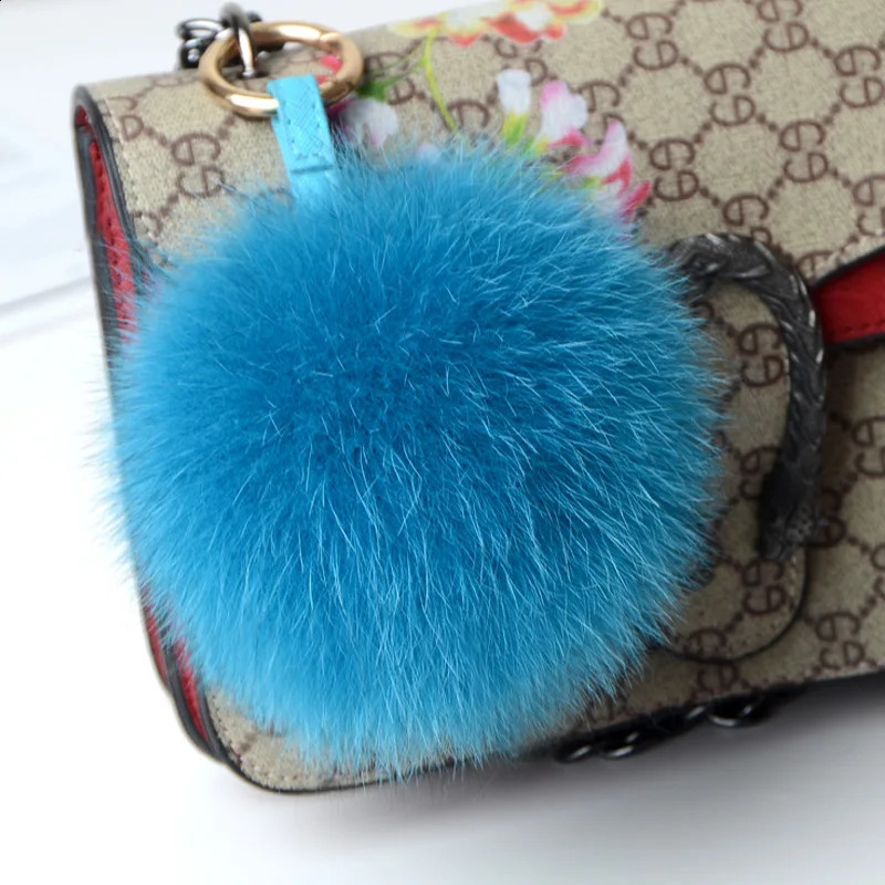 Chain Metal Ring Pendant For Women 13cm Fluffy Fox Fur Ball Pom Poms Fur Pompom High Quality Keychain Car Key 241227