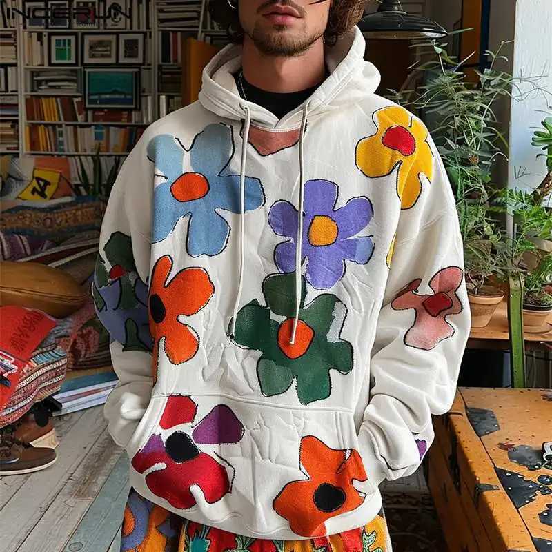Mens Hoodies Long Sleeve Drawstring Colorful Floral Printed Holiday Pullovers Big Pocket Autumn Streetwear Sweatshirts X241228