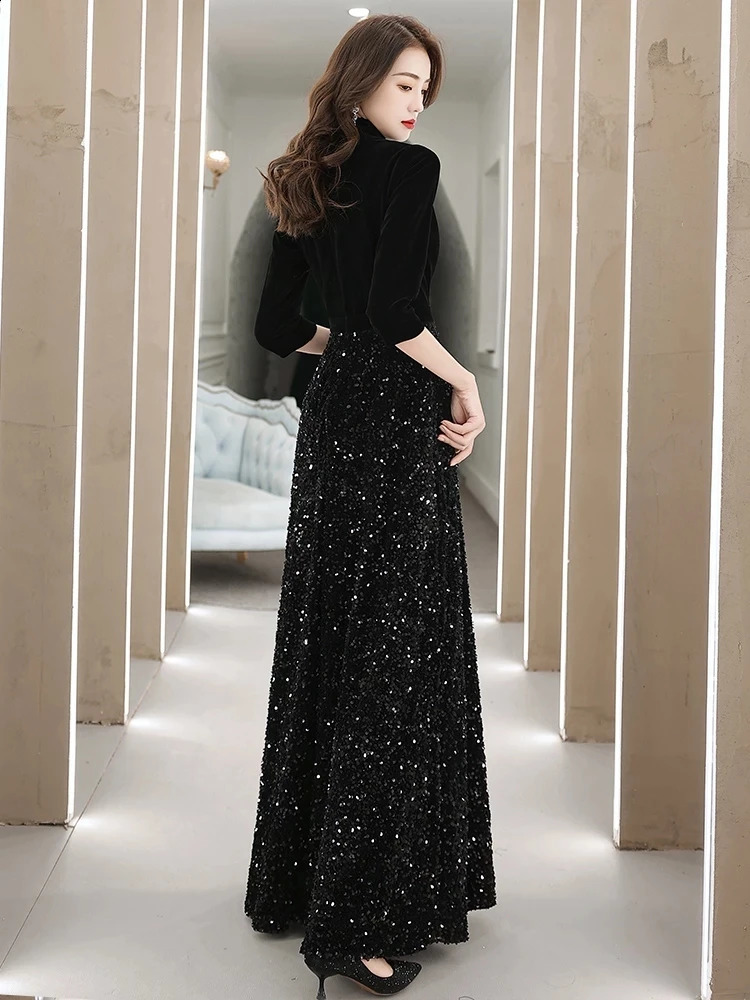 Customized Black Velvet Modest Evening Dresses High Neck Floor-Length Shiny Sequin Women Formal Gowns For Cocktail Party Dress 241223